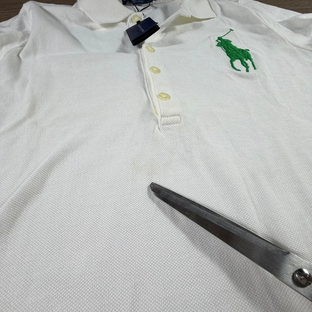 Ralph Lauren Kids Big Pony Mesh Polo Shirt White Green Long Sleeve Size L NWT